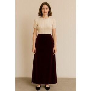 Vtg STAR C.C.C Maxi Skirt Women Velvet M Burgundy Wine Red Elastic Waist Slit